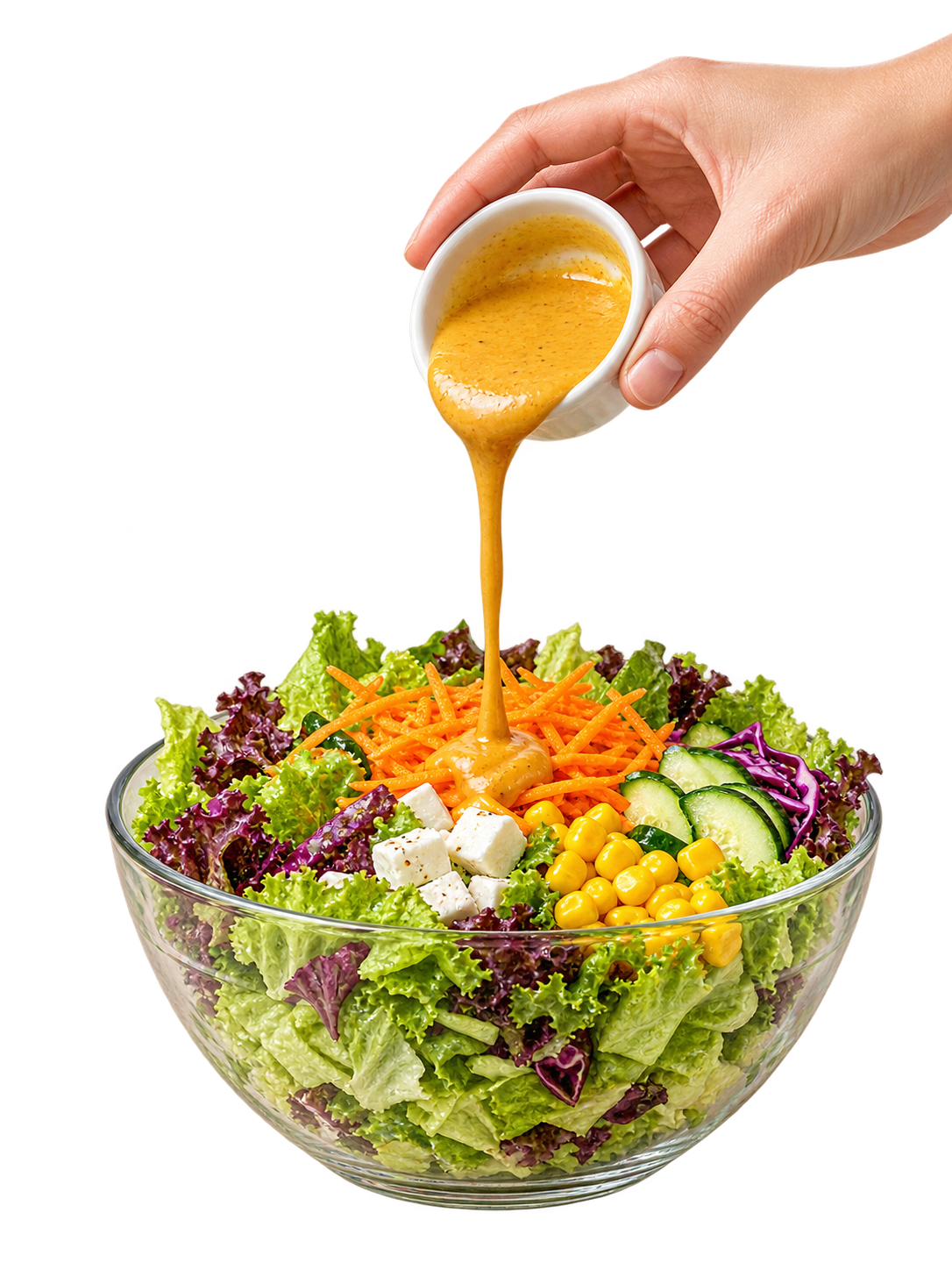 Aderezo servido sobre una ensalada fresca